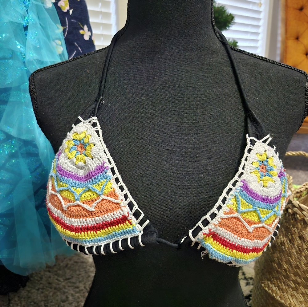Colorful Crochet Bikini Top Triangle Rainbow Knit S